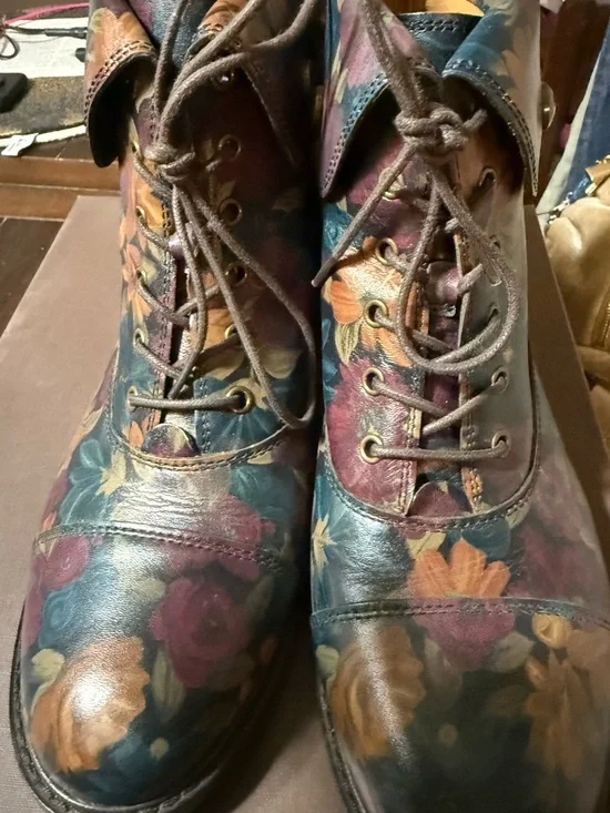 Patricia Nash Floral Leather Lace-Up Ankle Boots in Blue, Brown & Gold Tones - Picture 1 of 10